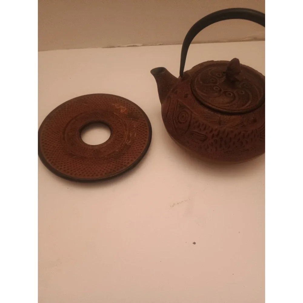 Vintage Antique Teavana Hobnail Brick Red Cast Iron Teapot With Aztec Print...